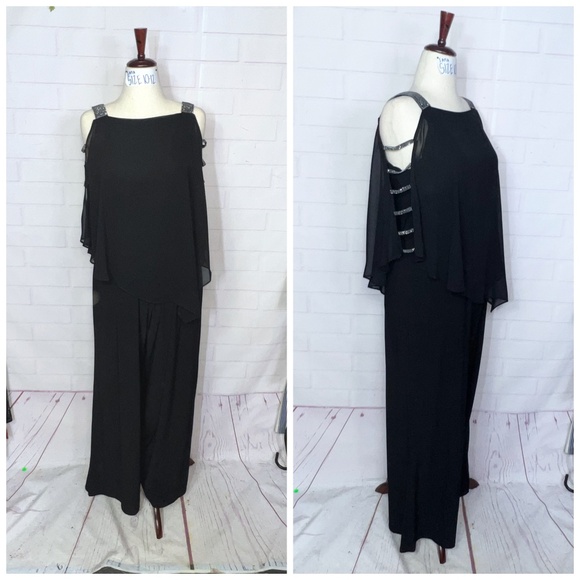 NWT($100) |•MSK•| Wide Leg Jumpsuit Rhinestone Cold Shoulder Sleeves Size L - Picture 1 of 14